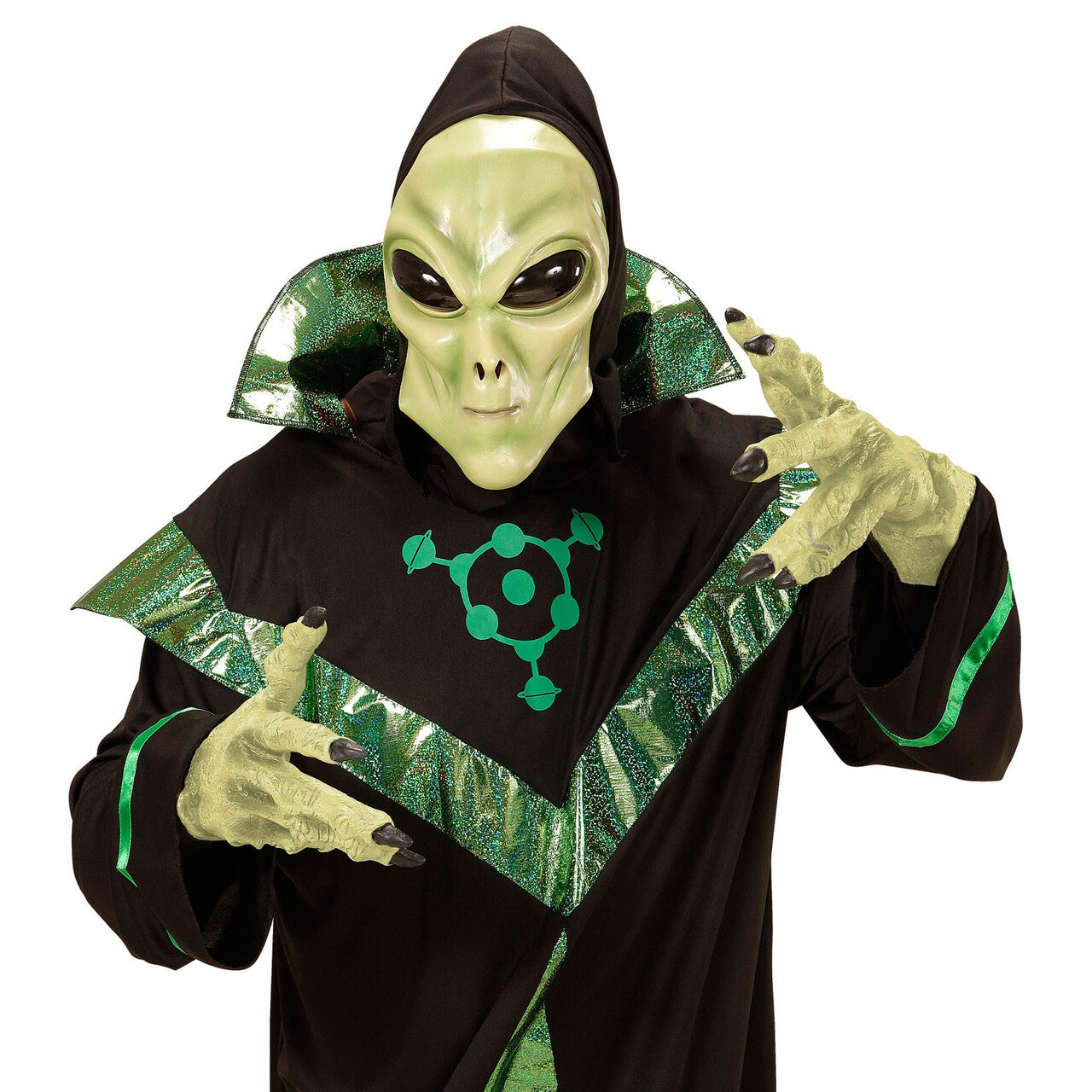 Op deze afbeelding zie je een Accessoires, van het merk Widmann. Glubablub Alien Masker Met Kap En Bolle Ogen