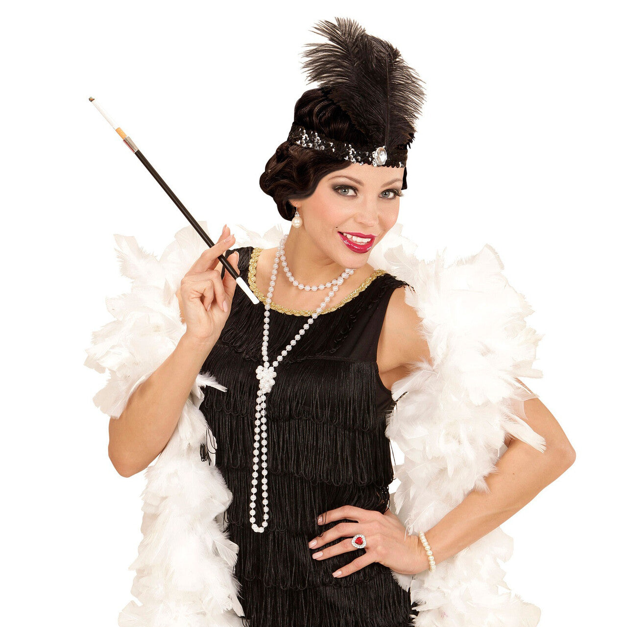 Op deze afbeelding zie je een Accessoires, van het merk Widmann. Black & Pearl Flapper Set