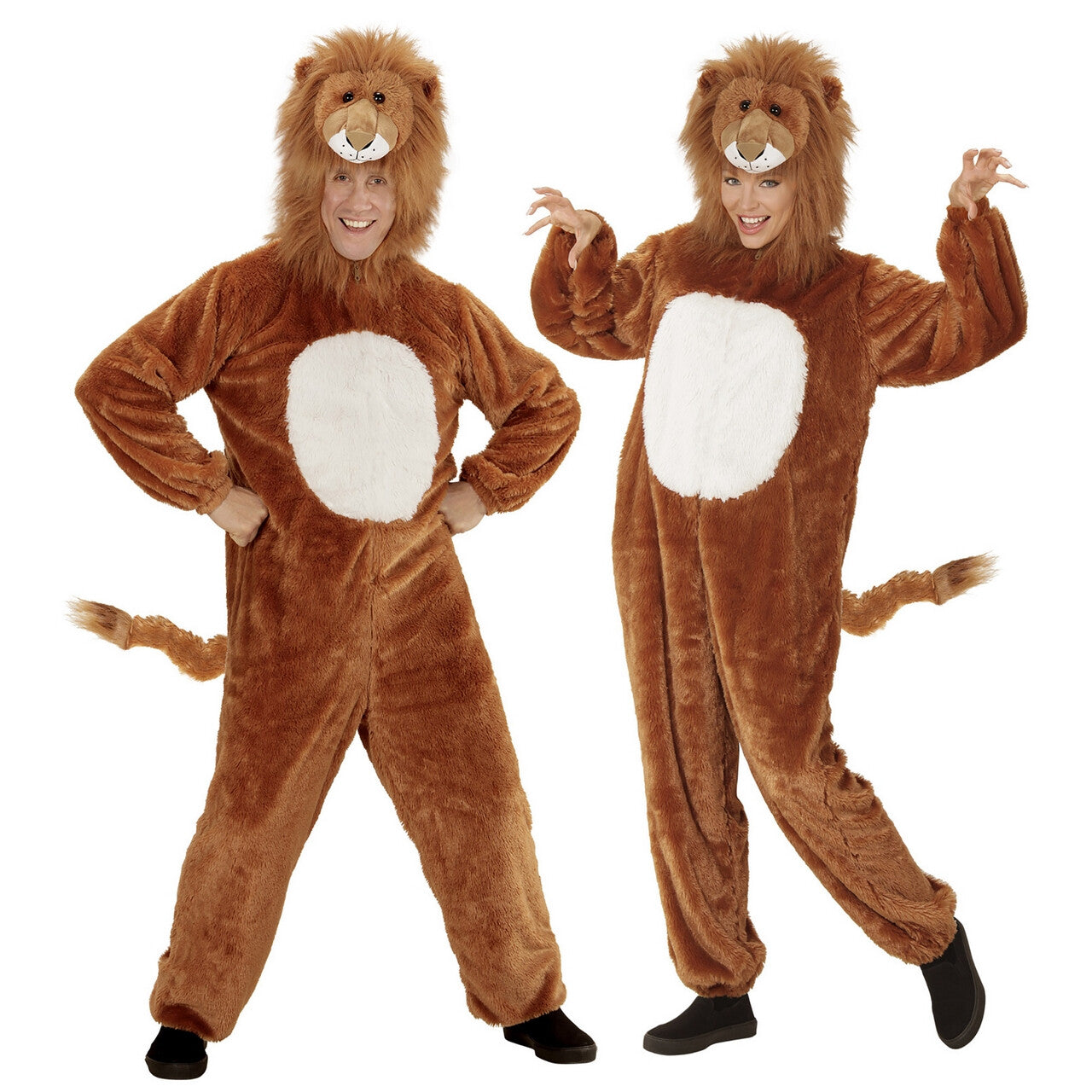 Op deze afbeelding zie je een Kostuums, van het merk Widmann. Bruine Dieren Pluche Leeuw Jumpsuit Kostuum