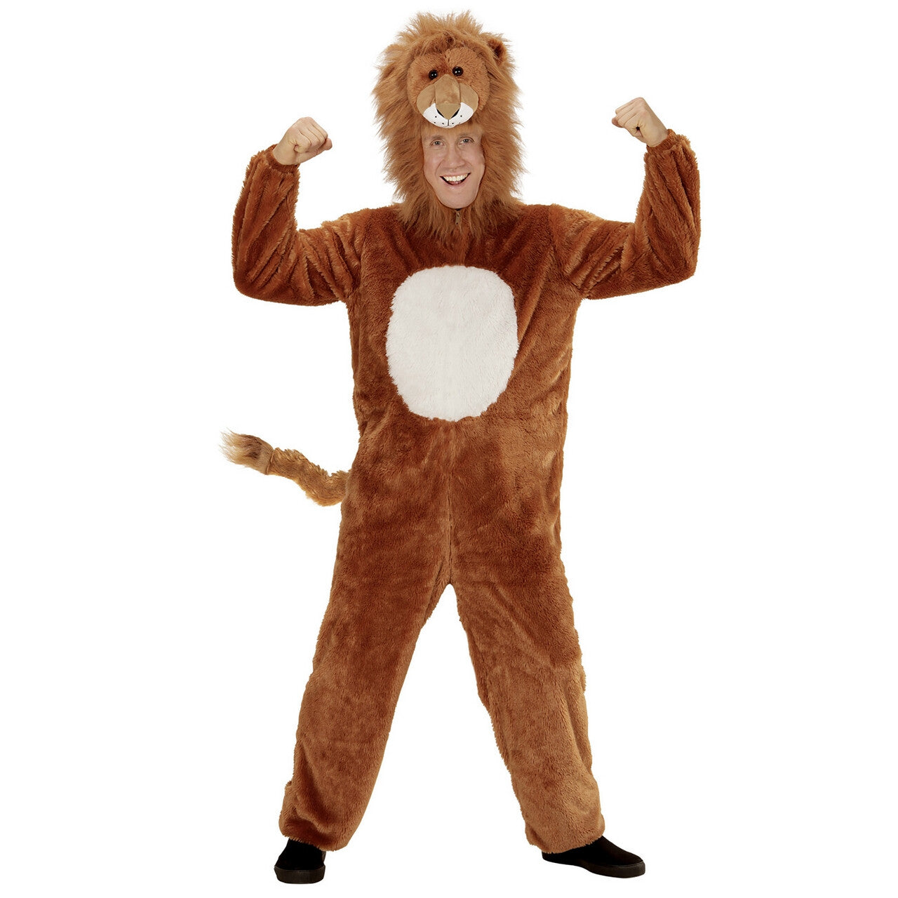 Op deze afbeelding zie je een Kostuums, van het merk Widmann. Bruine Dieren Pluche Leeuw Jumpsuit Kostuum