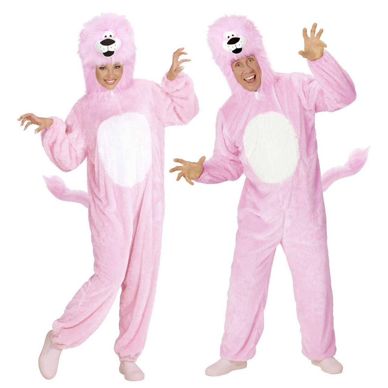 Op deze afbeelding zie je een Kostuums, van het merk Widmann. Dieren Onesie Pluche Roze Leeuw Kostuum