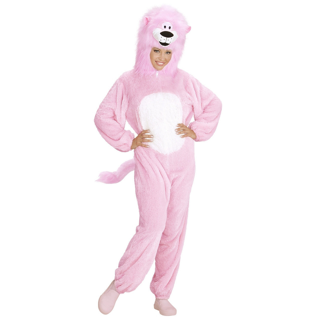 Op deze afbeelding zie je een Kostuums, van het merk Widmann. Dieren Onesie Pluche Roze Leeuw Kostuum