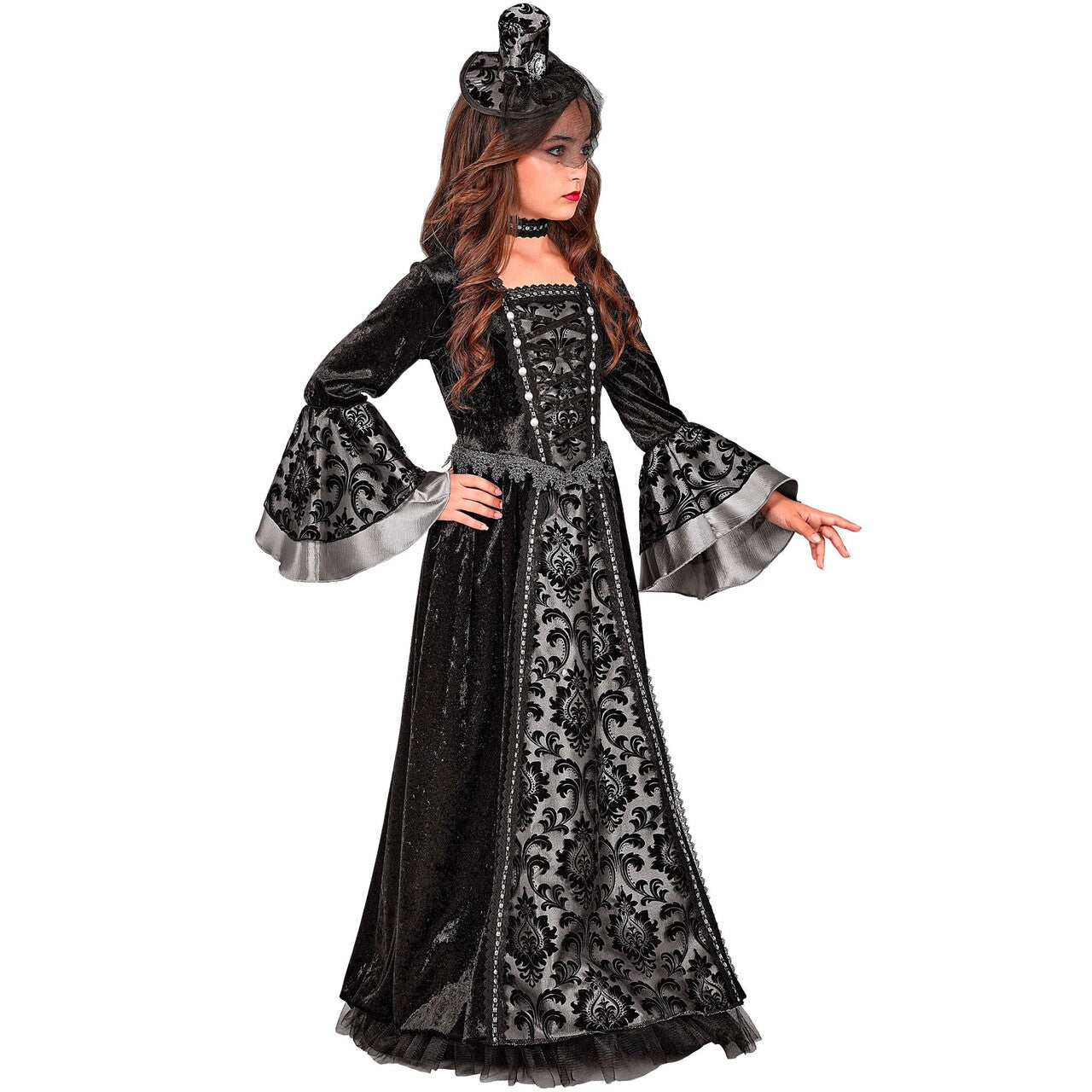 Op deze afbeelding zie je een Kostuums, van het merk Widmann. Duistere Gravin Meisje Kostuum