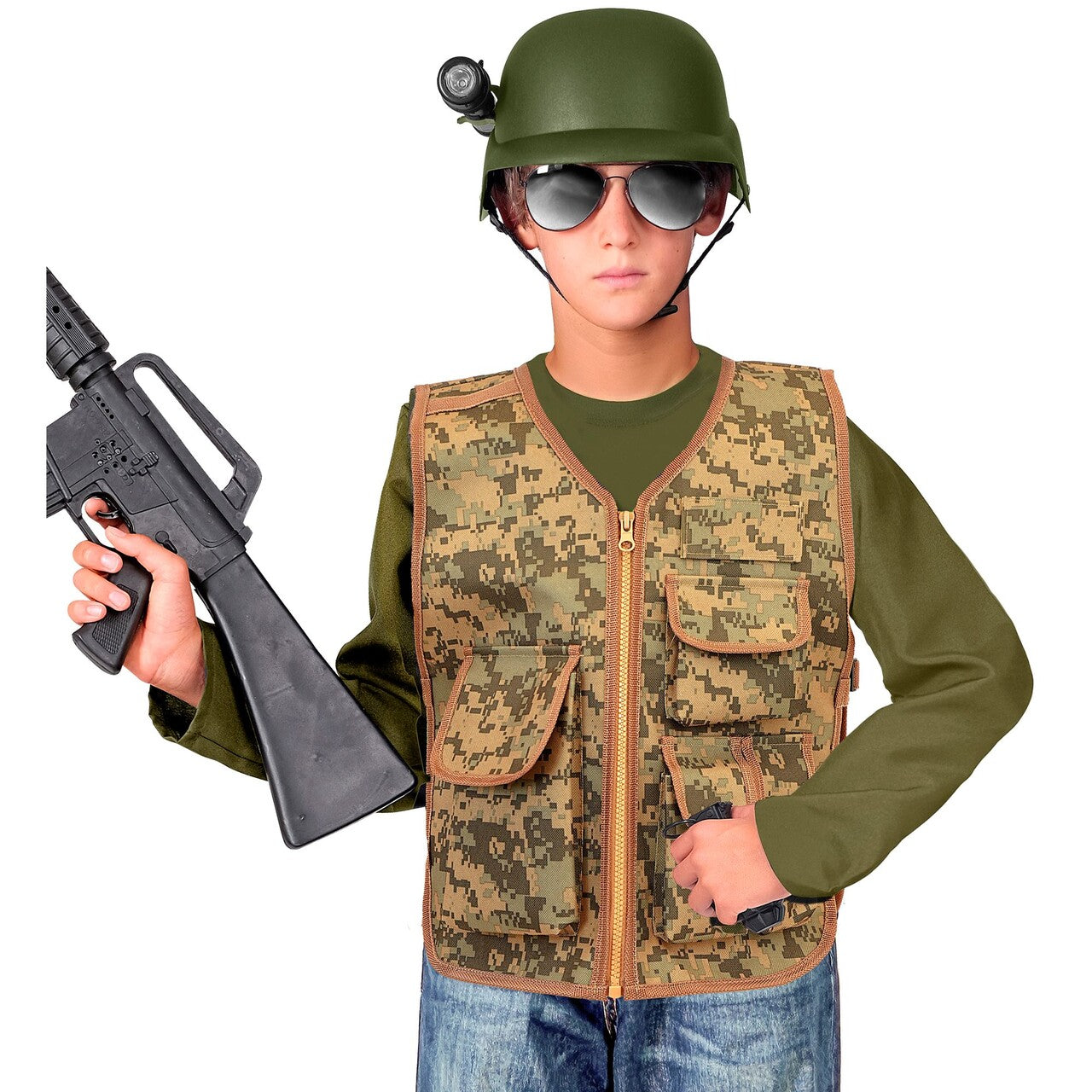 Op deze afbeelding zie je een Kostuums, van het merk Widmann. Camo Commando Vest Kind