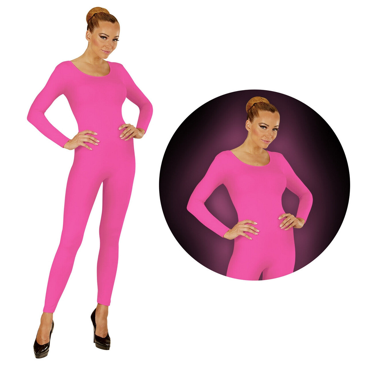 Op deze afbeelding zie je een Kostuums, van het merk Widmann. Neon Roze Bodysuit Glow Vrouw Kostuum