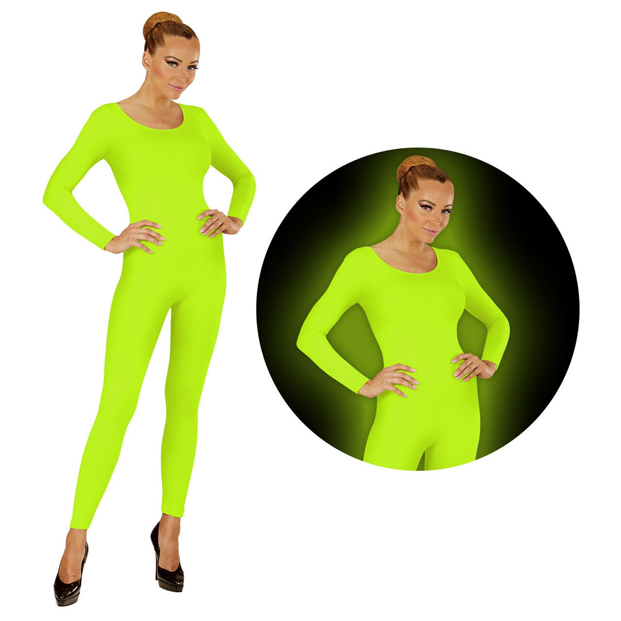 Op deze afbeelding zie je een Kostuums, van het merk Widmann. Neon Groen Bodysuit Glow Vrouw Kostuum