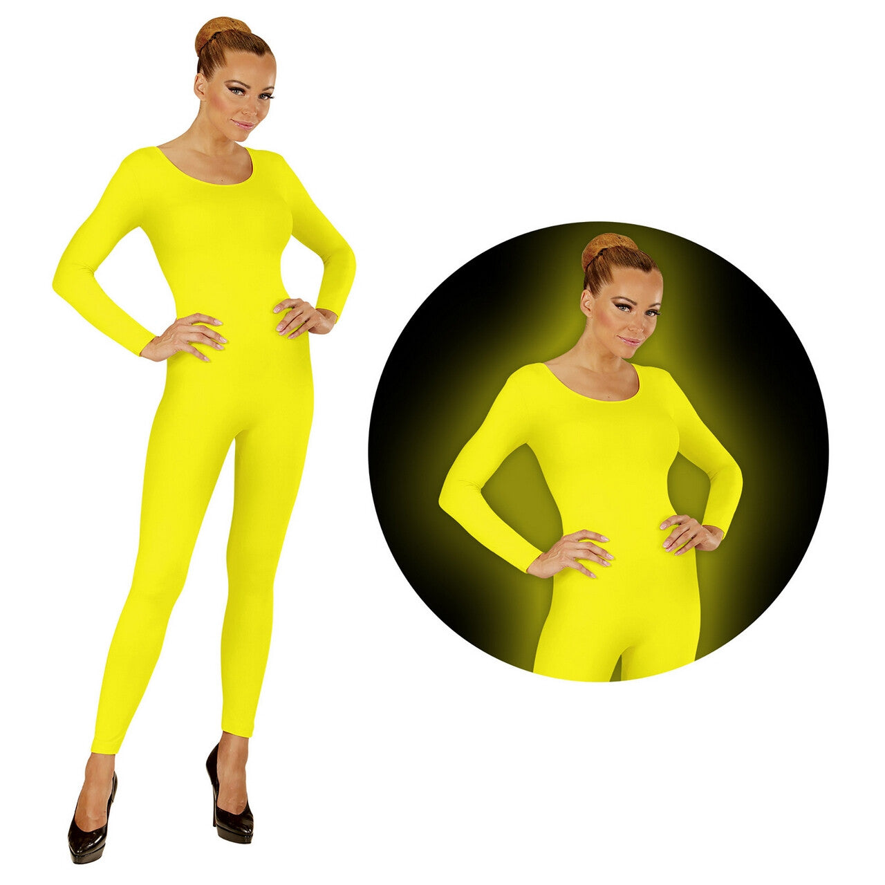 Op deze afbeelding zie je een Kostuums, van het merk Widmann. Neon Geel Bodysuit Glow Vrouw Kostuum