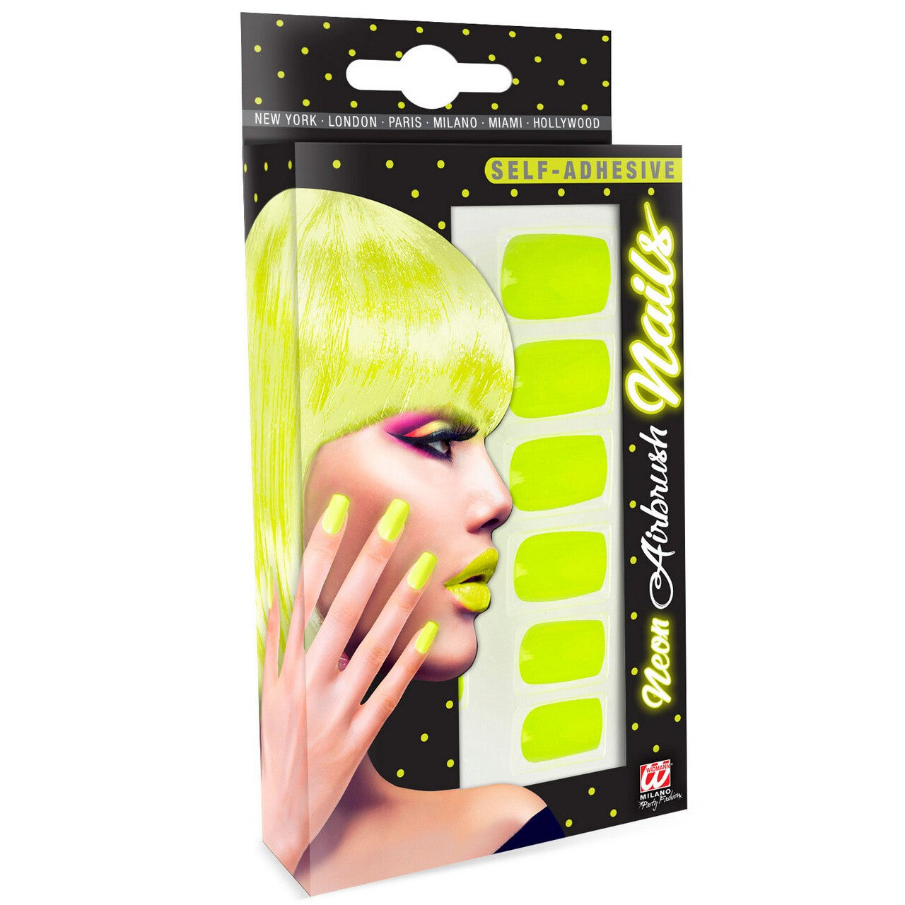 Op deze afbeelding zie je een Accessoires, van het merk Widmann. Nagels Airbrush Neon Geel 80s Lady