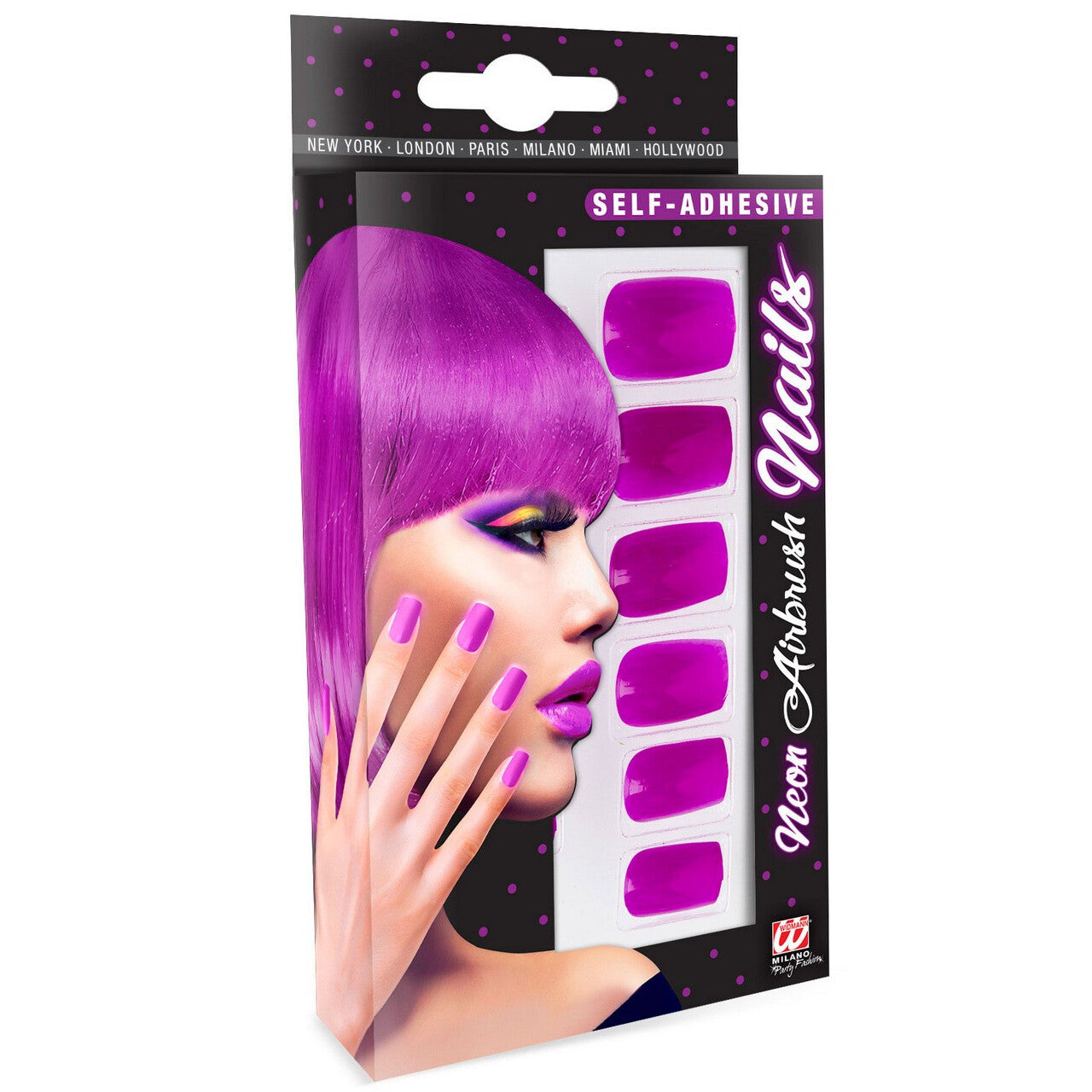 Op deze afbeelding zie je een Accessoires, van het merk Widmann. Nagels Airbrush Neon Paars 80s Lady