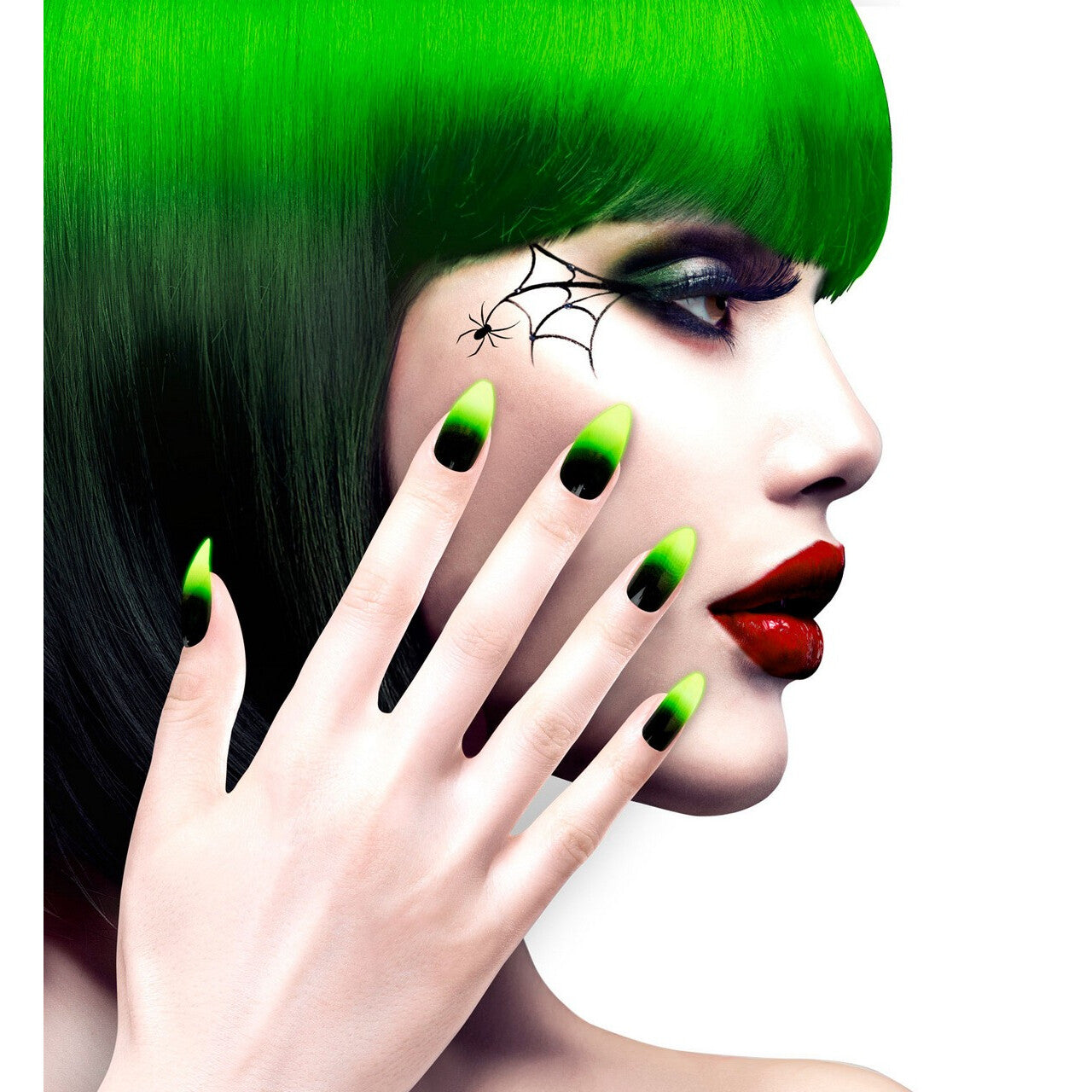 Op deze afbeelding zie je een Accessoires, van het merk Widmann. Duivelin Nagels Stiletto Zwart / Neon Groen