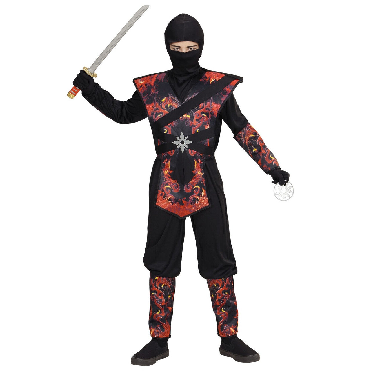 Op deze afbeelding zie je een Kostuums, van het merk Widmann. Ninja Vlammende Draak Dojo Jongen Kostuum