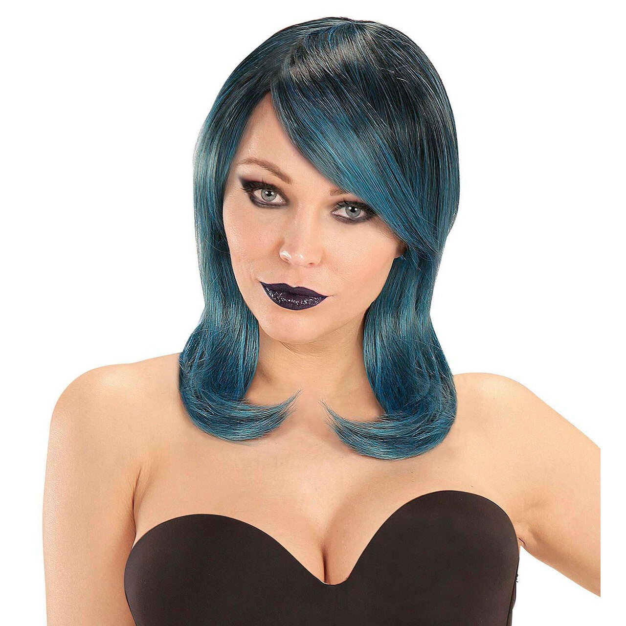 Op deze afbeelding zie je een Accessoires, van het merk Widmann. Pruik Foxy Megan Zwart / Blauw / Groen
