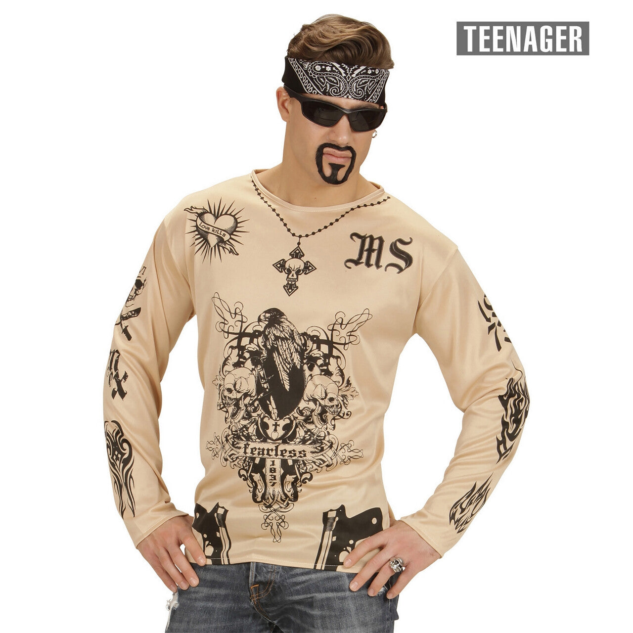 Op deze afbeelding zie je een Kostuums, van het merk Widmann. Tattoo Straatgang Tiener Shirt Jongen
