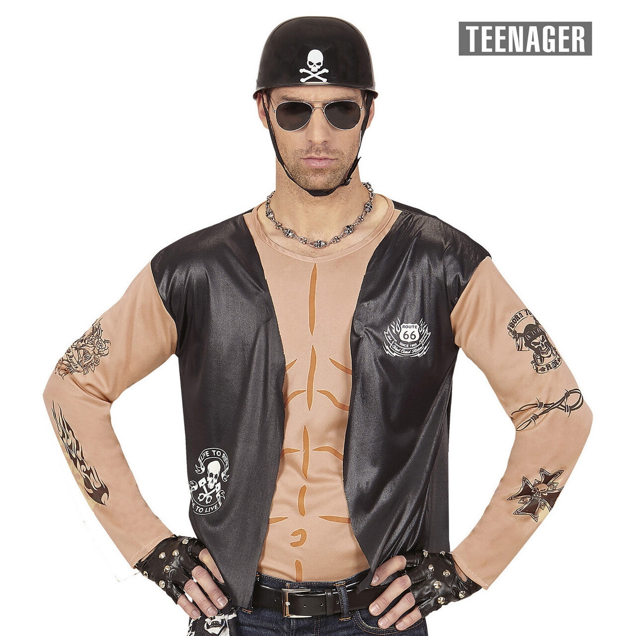 Op deze afbeelding zie je een Kostuums, van het merk Widmann. Biker Shirt Motorman Tiener Jongen