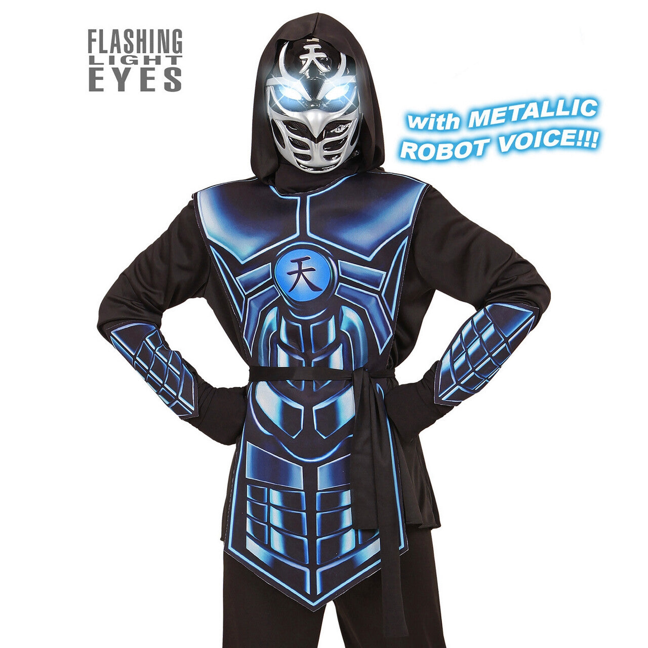 Op deze afbeelding zie je een Kostuums, van het merk Widmann. Lichtgevende Blauw Zwarte Elektro Cyber Ninja Met Geluid Jongen Kostuum