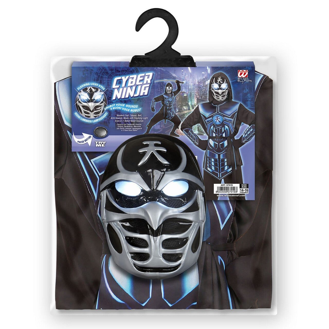 Op deze afbeelding zie je een Kostuums, van het merk Widmann. Lichtgevende Blauw Zwarte Elektro Cyber Ninja Met Geluid Jongen Kostuum