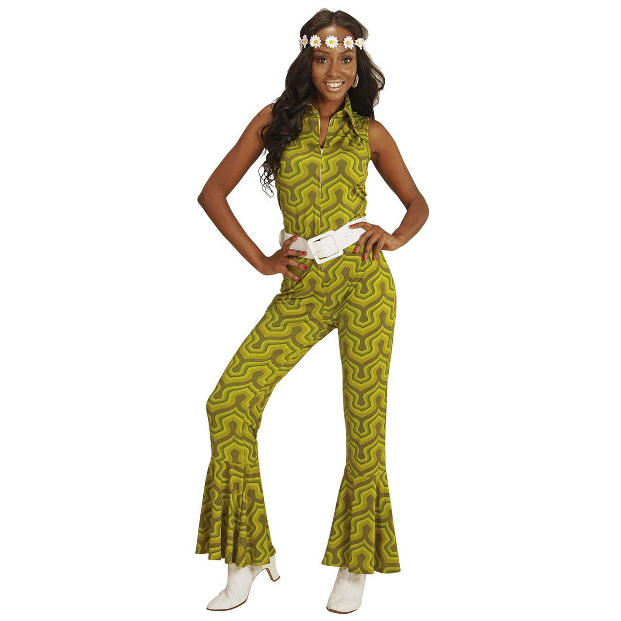Op deze afbeelding zie je een Kostuums, van het merk Widmann. Groovy Geralda 70s Dames Jumpsuit, Behang Vrouw Kostuum