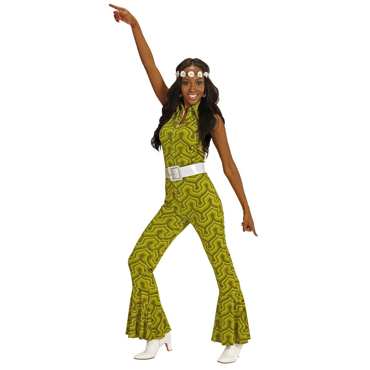 Op deze afbeelding zie je een Kostuums, van het merk Widmann. Groovy Geralda 70s Dames Jumpsuit, Behang Vrouw Kostuum