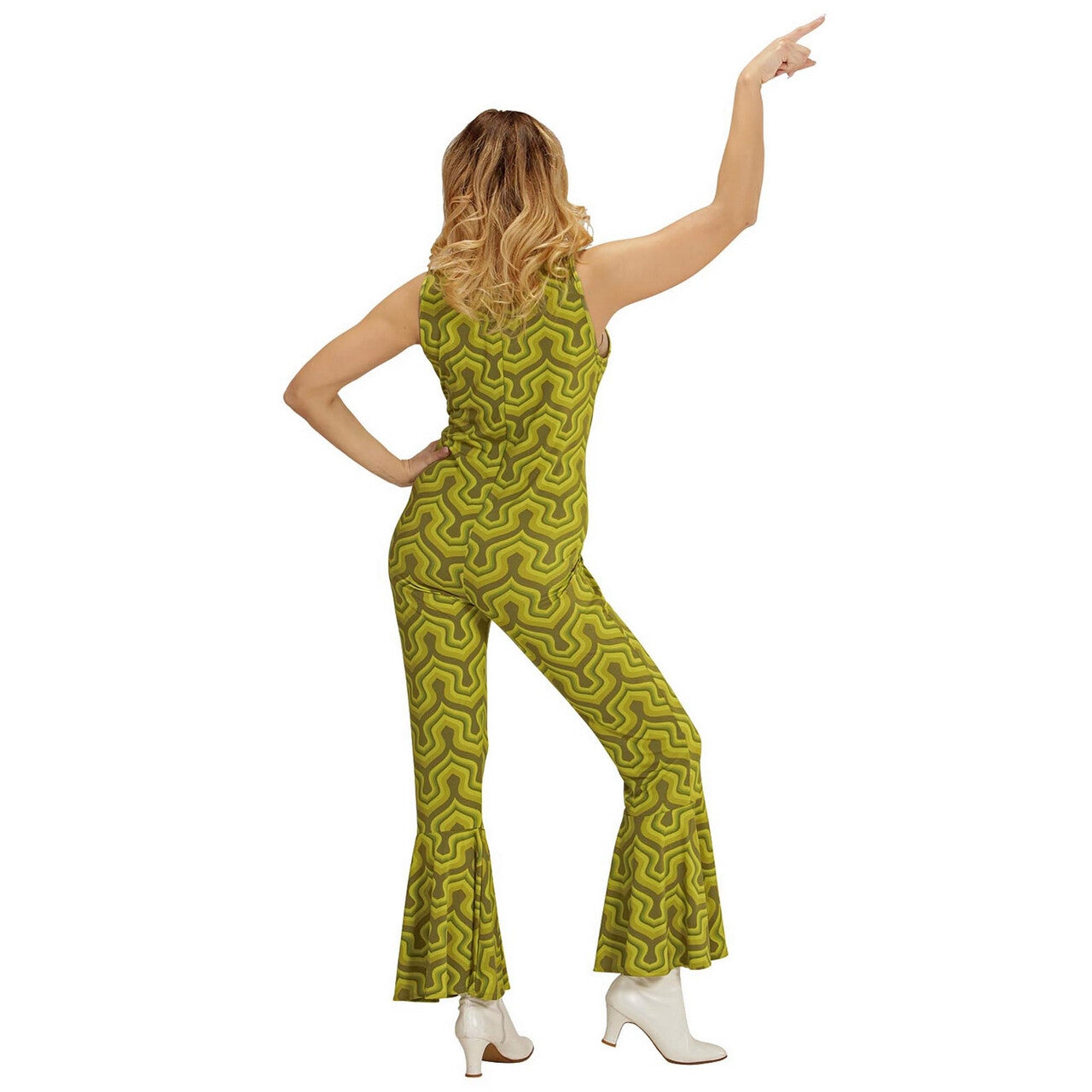 Op deze afbeelding zie je een Kostuums, van het merk Widmann. Groovy Geralda 70s Dames Jumpsuit, Behang Vrouw Kostuum