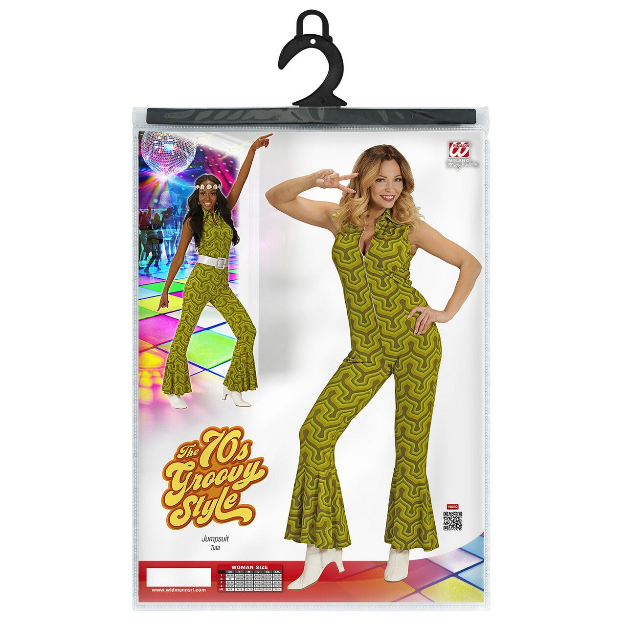 Op deze afbeelding zie je een Kostuums, van het merk Widmann. Groovy Geralda 70s Dames Jumpsuit, Behang Vrouw Kostuum