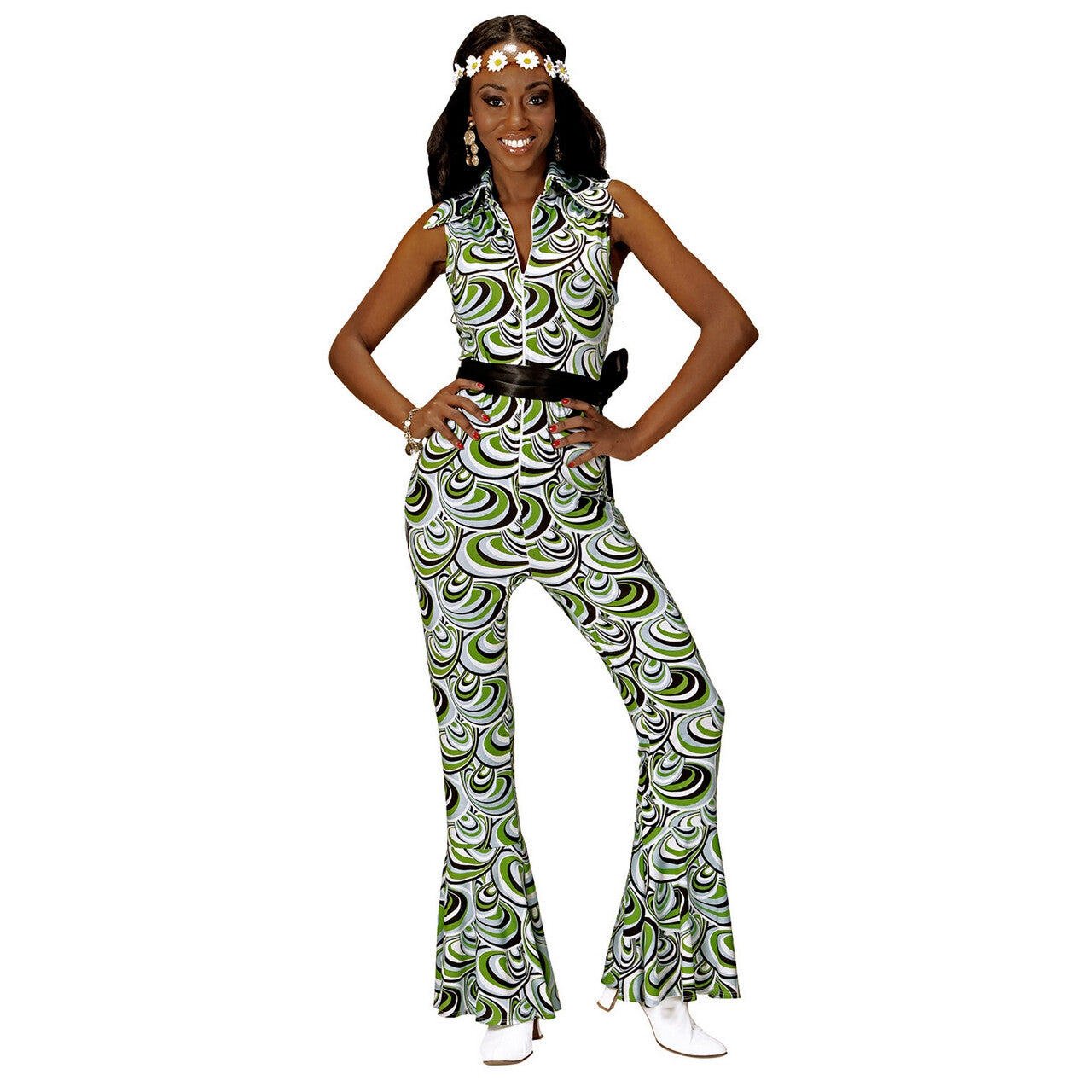 Op deze afbeelding zie je een Kostuums, van het merk Widmann. Groovy Geralda 70s Dames Groen Blauwe Jumpsuit, Golven Vrouw Kostuum