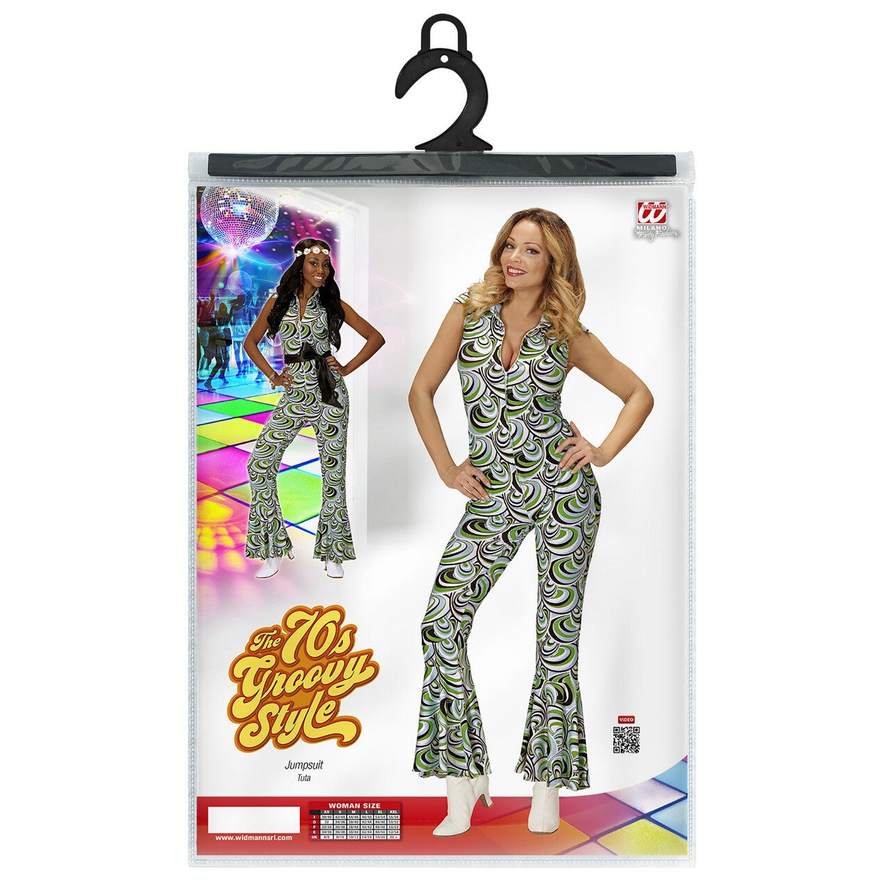 Op deze afbeelding zie je een Kostuums, van het merk Widmann. Groovy Geralda 70s Dames Groen Blauwe Jumpsuit, Golven Vrouw Kostuum