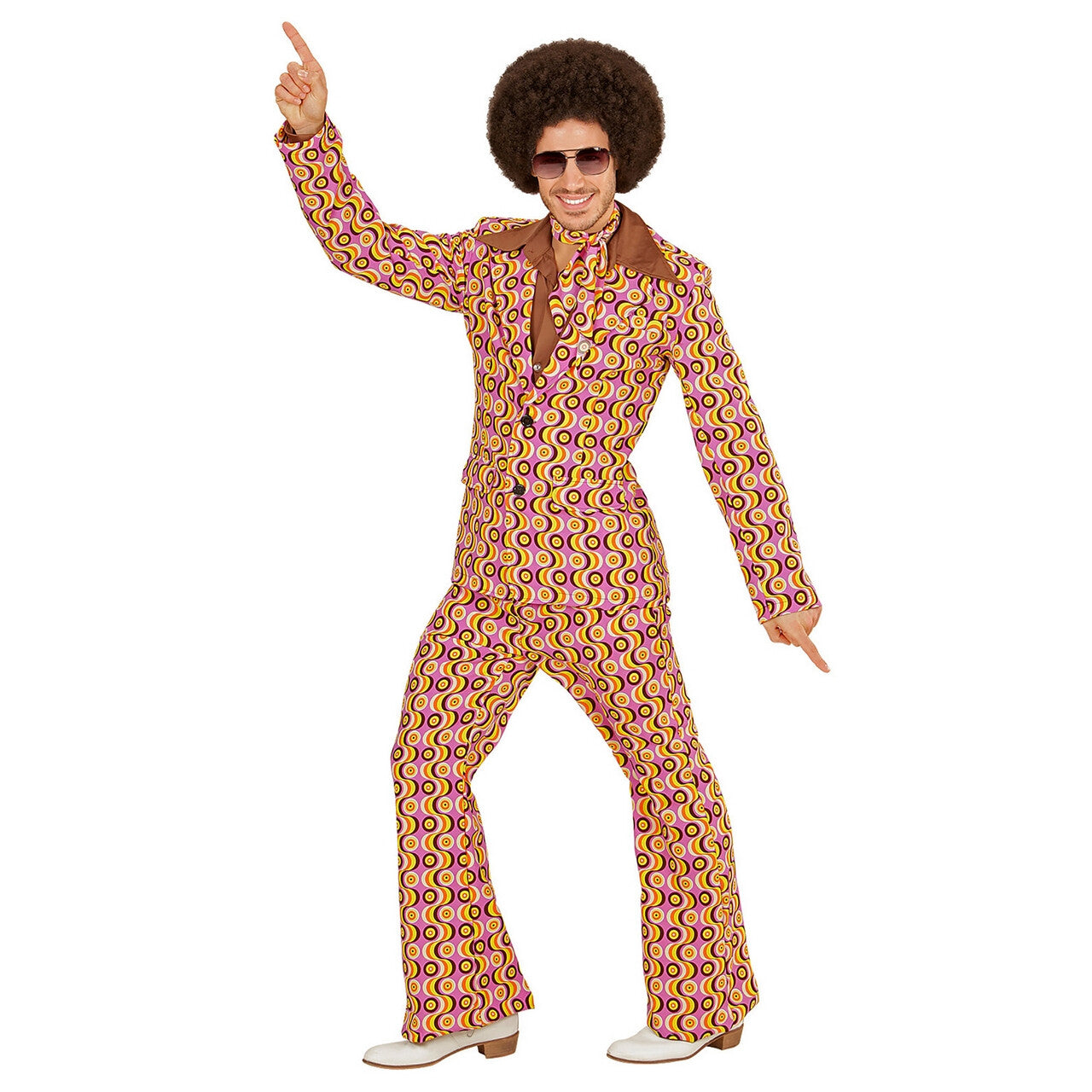 Op deze afbeelding zie je een Kostuums, van het merk Widmann. Groovy George 70s Heren Kostuum Lps Man