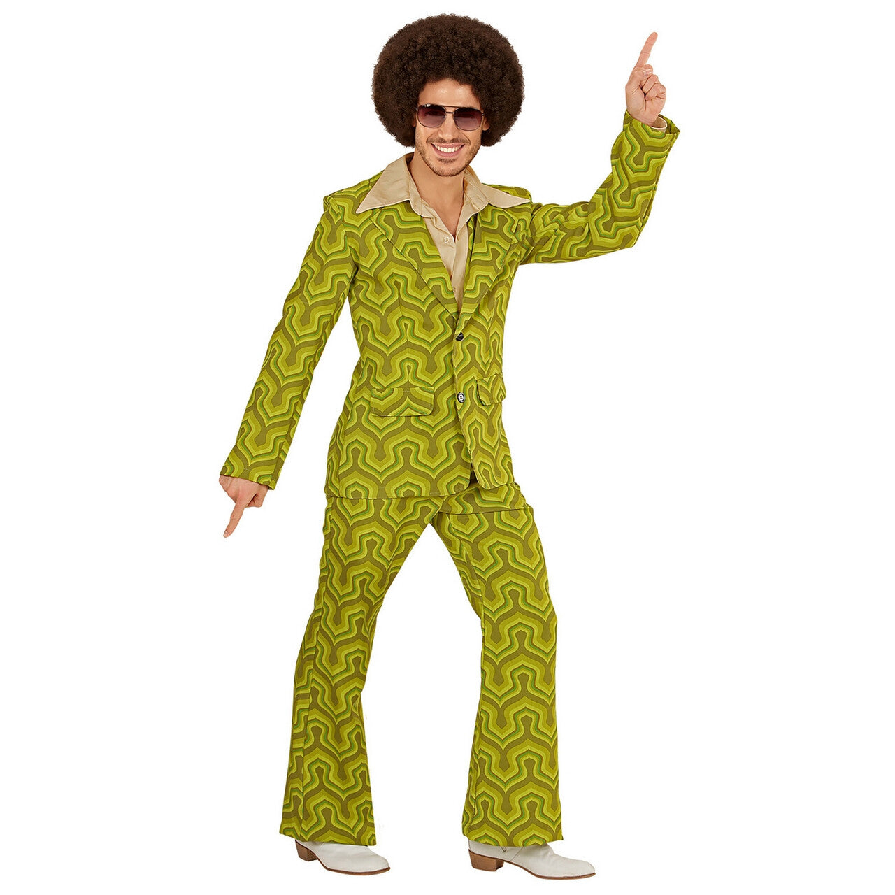 Op deze afbeelding zie je een Kostuums, van het merk Widmann. Groovy George 70s Heren Kostuum, Behang Man