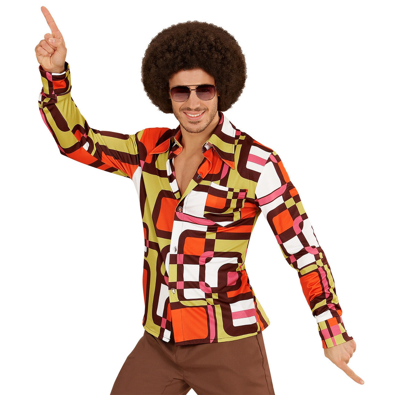 Op deze afbeelding zie je een Kostuums, van het merk Widmann. Groovy Garry 70s Oranje Heren Shirt, Buizen Man