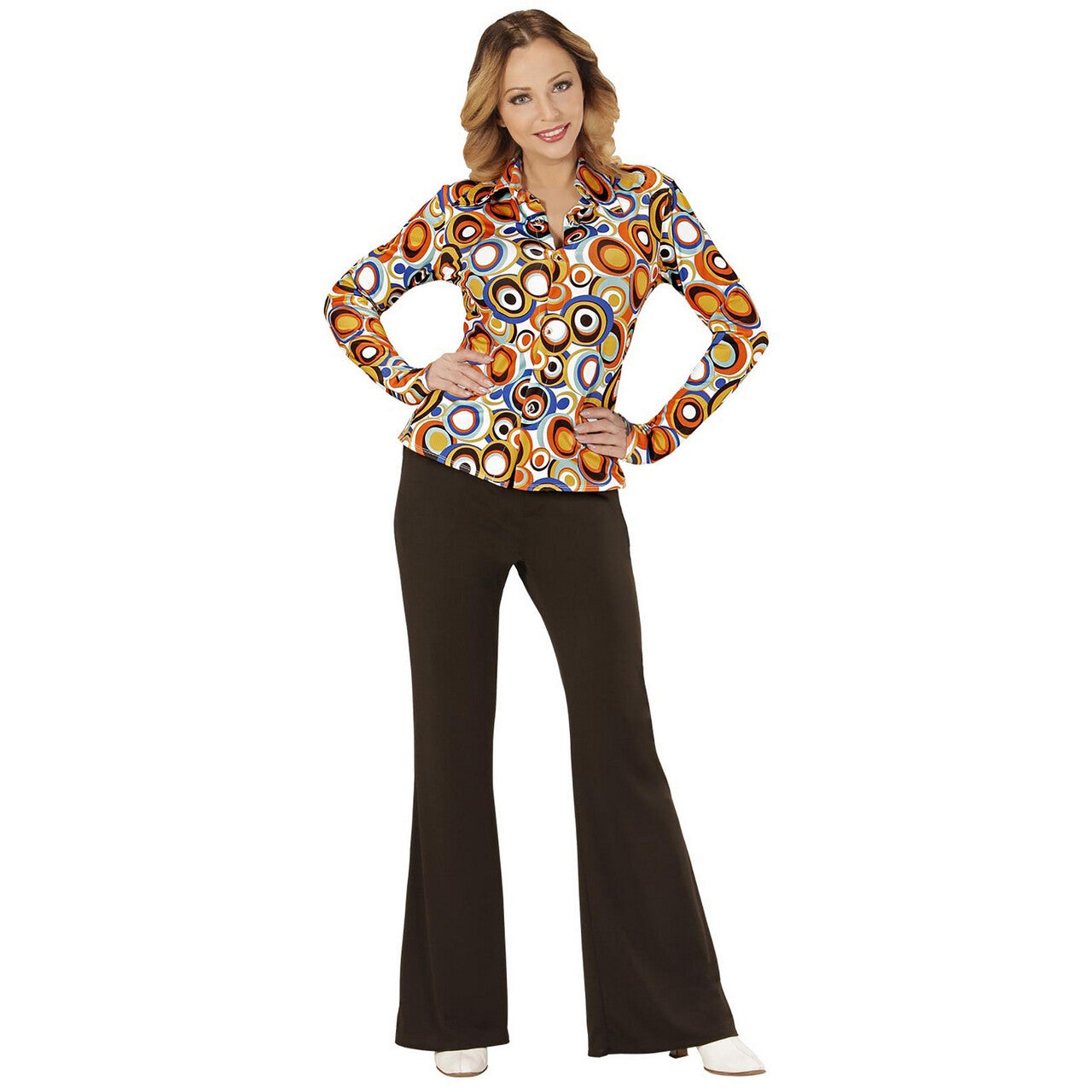 Op deze afbeelding zie je een Kostuums, van het merk Widmann. Groovy Gina 70s Dames Shirt, Luchtbellen Vrouw