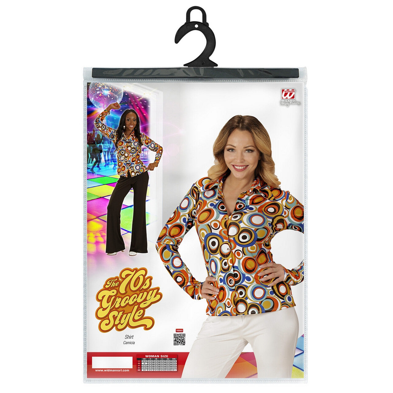 Op deze afbeelding zie je een Kostuums, van het merk Widmann. Groovy Gina 70s Dames Shirt, Luchtbellen Vrouw