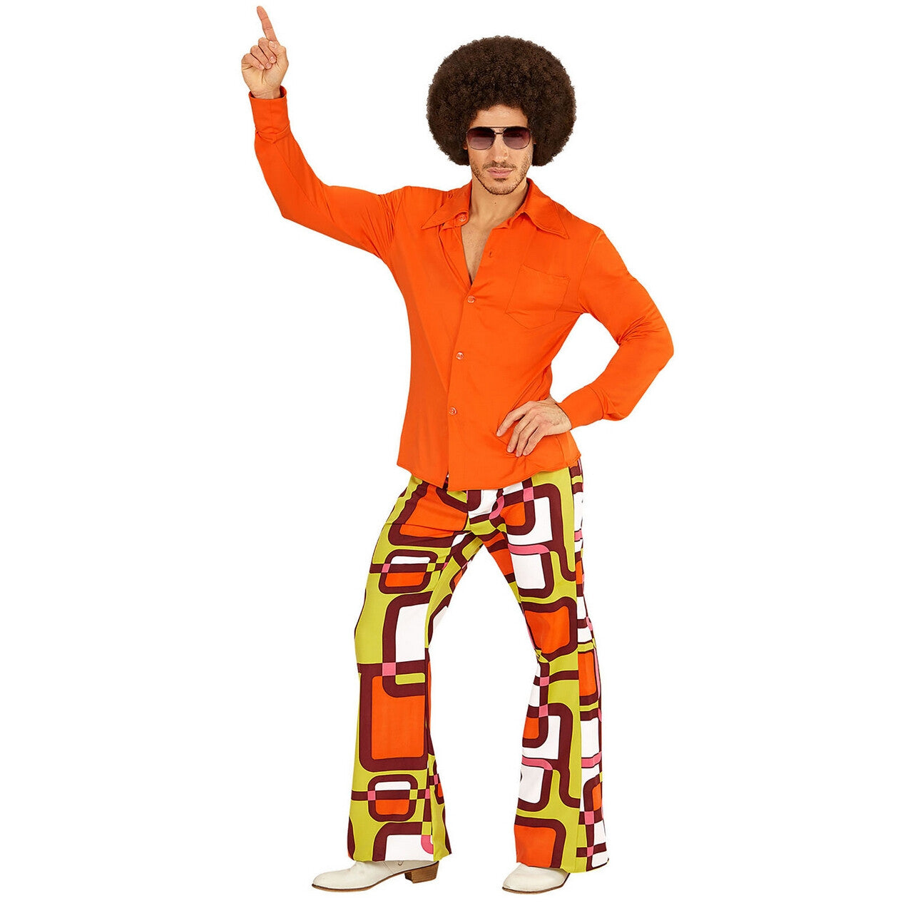 Op deze afbeelding zie je een Kostuums, van het merk Widmann. Groovy Garry 70s Heren Shirt, Oranje Man