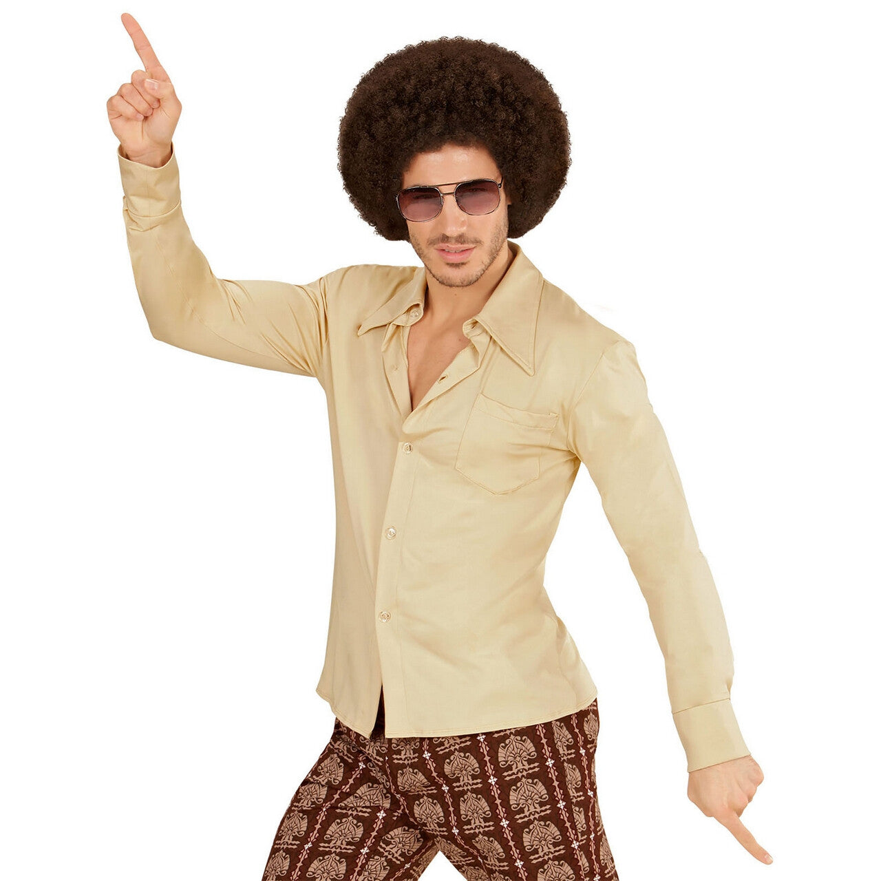 Op deze afbeelding zie je een Kostuums, van het merk Widmann. Groovy Garry 70s Heren Shirt, Beige Man