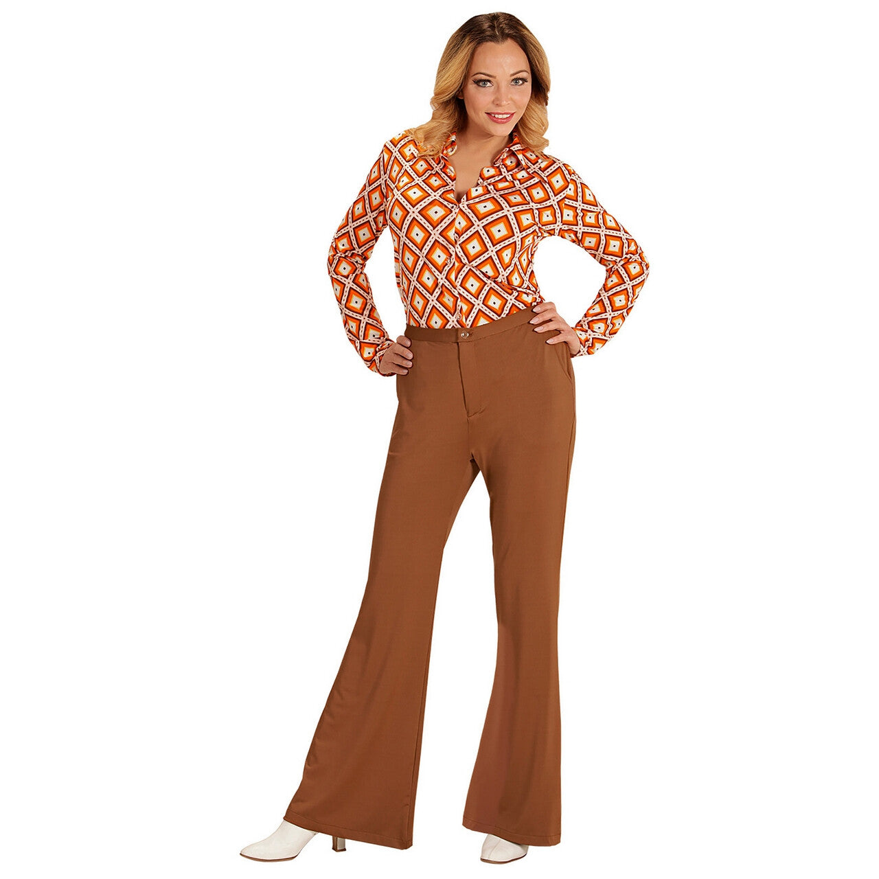 Op deze afbeelding zie je een Kostuums, van het merk Widmann. Groovy Gwendolyn 70s Dames Broek, Bruin Vrouw