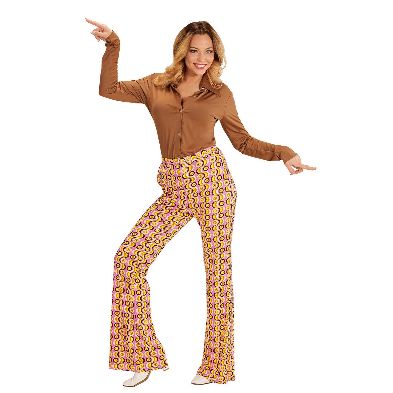 Op deze afbeelding zie je een Kostuums, van het merk Widmann. Groovy Gwendolyn 70s Dames Broek, Lps Vrouw