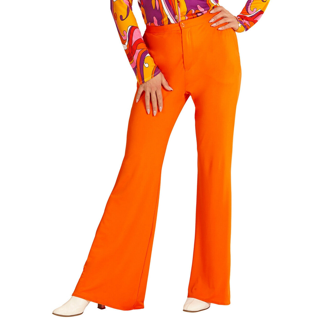 Op deze afbeelding zie je een Kostuums, van het merk Widmann. Groovy Gwendolyn 70s Dames Broek, Oranje Vrouw