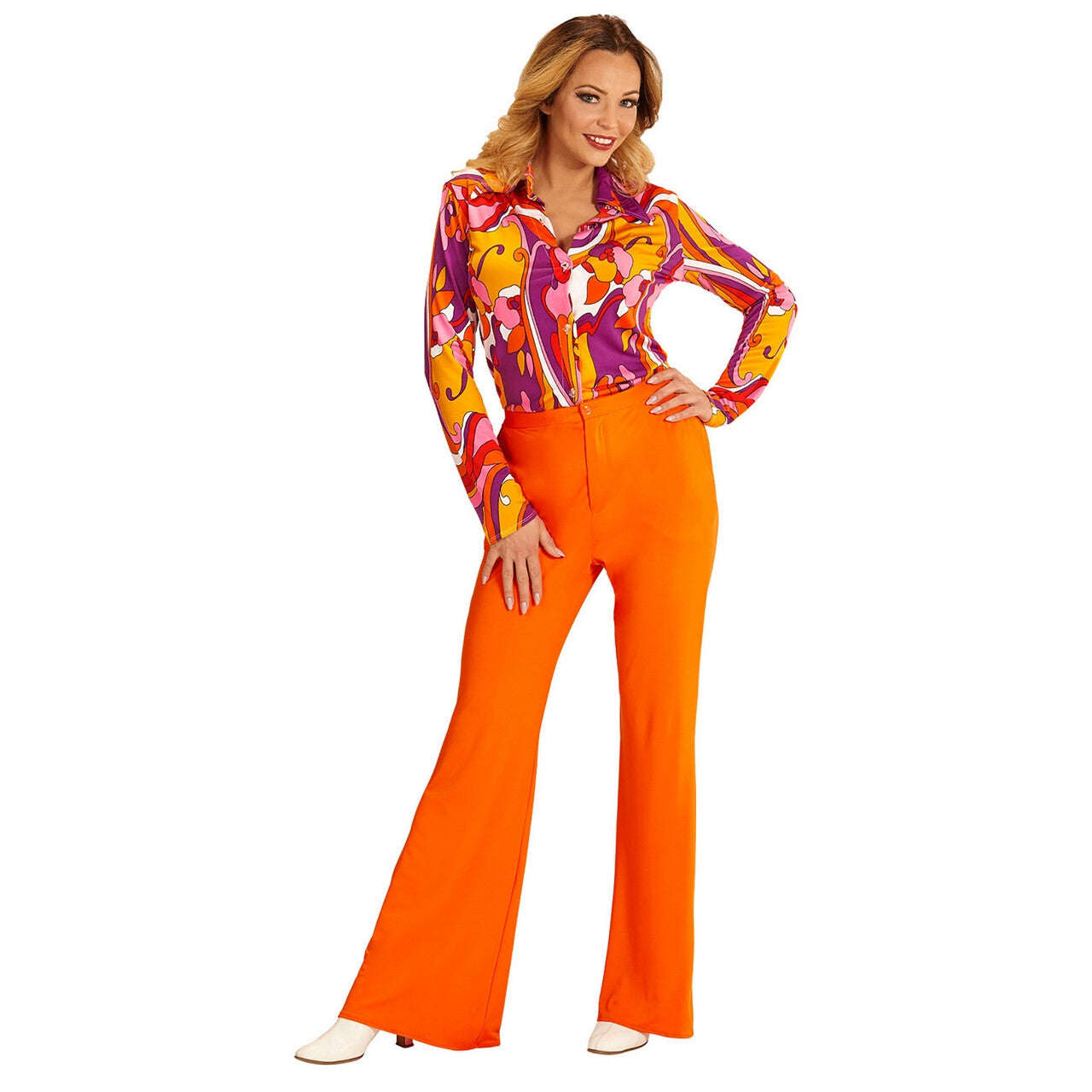 Op deze afbeelding zie je een Kostuums, van het merk Widmann. Groovy Gwendolyn 70s Dames Broek, Oranje Vrouw
