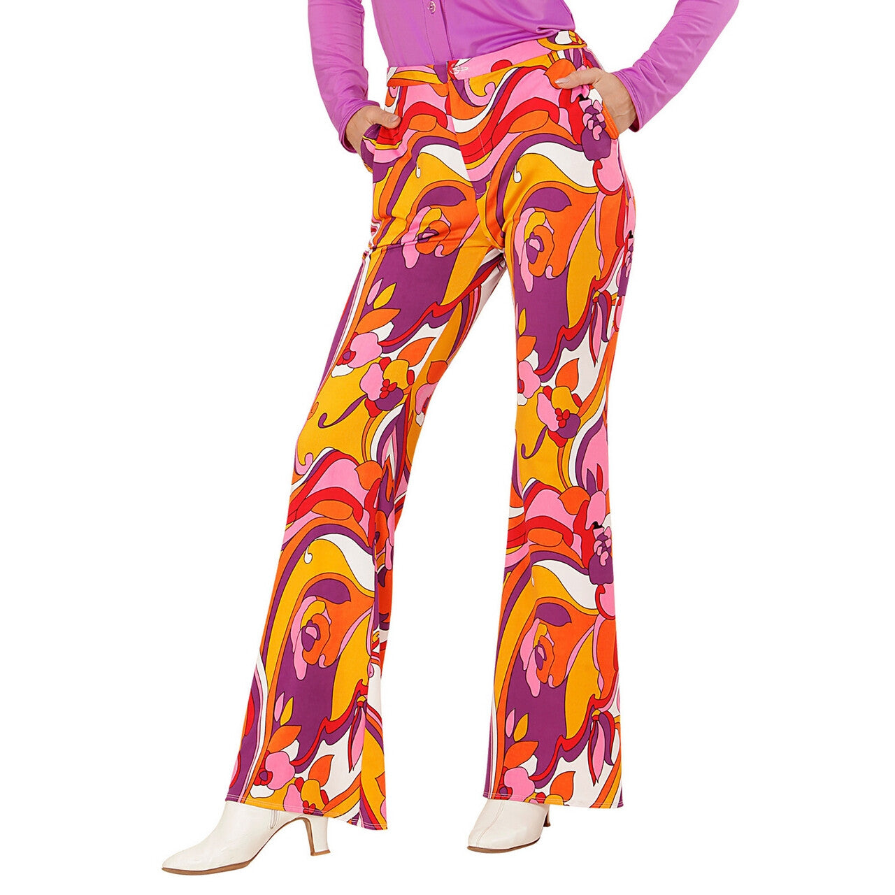 Op deze afbeelding zie je een Kostuums, van het merk Widmann. Groovy Gwendolyn 70s Dames Broek, Orchidee Vrouw