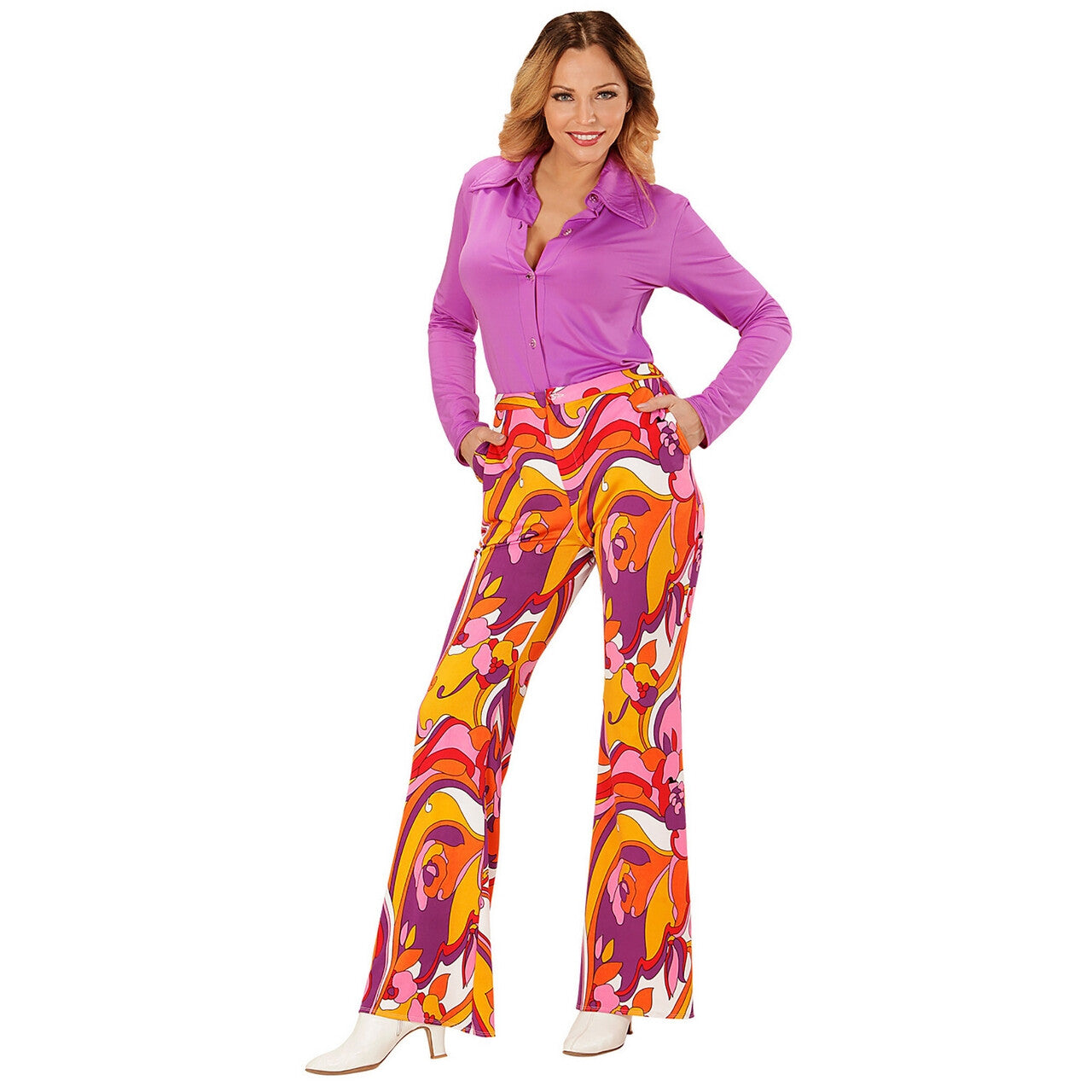 Op deze afbeelding zie je een Kostuums, van het merk Widmann. Groovy Gwendolyn 70s Dames Broek, Orchidee Vrouw