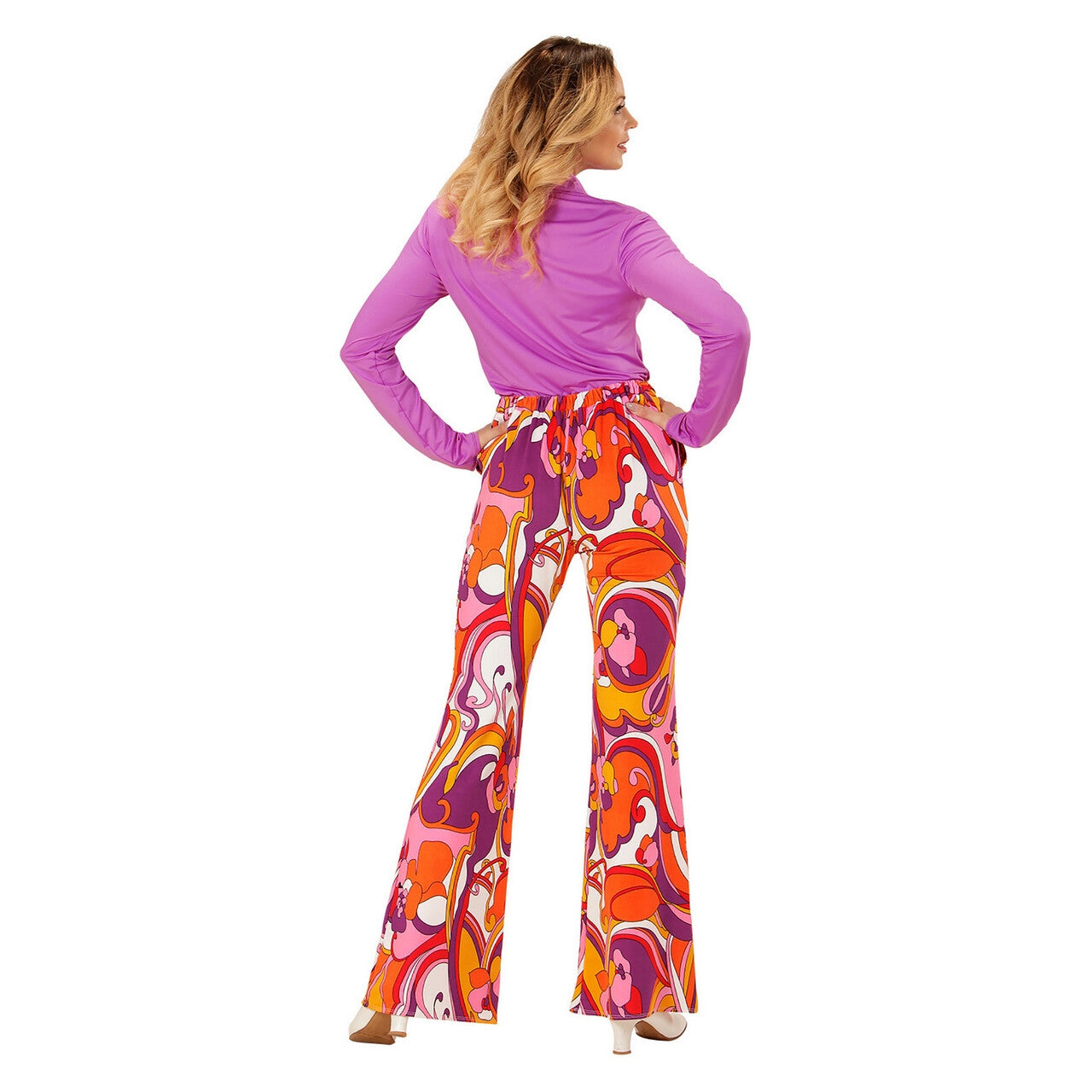 Op deze afbeelding zie je een Kostuums, van het merk Widmann. Groovy Gwendolyn 70s Dames Broek, Orchidee Vrouw