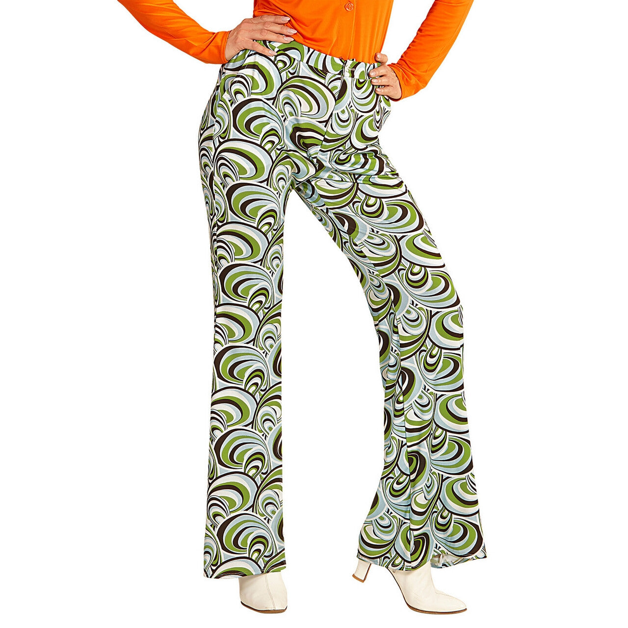 Op deze afbeelding zie je een Kostuums, van het merk Widmann. Groovy Gwendolyn 70s Dames Broek, Golven Vrouw