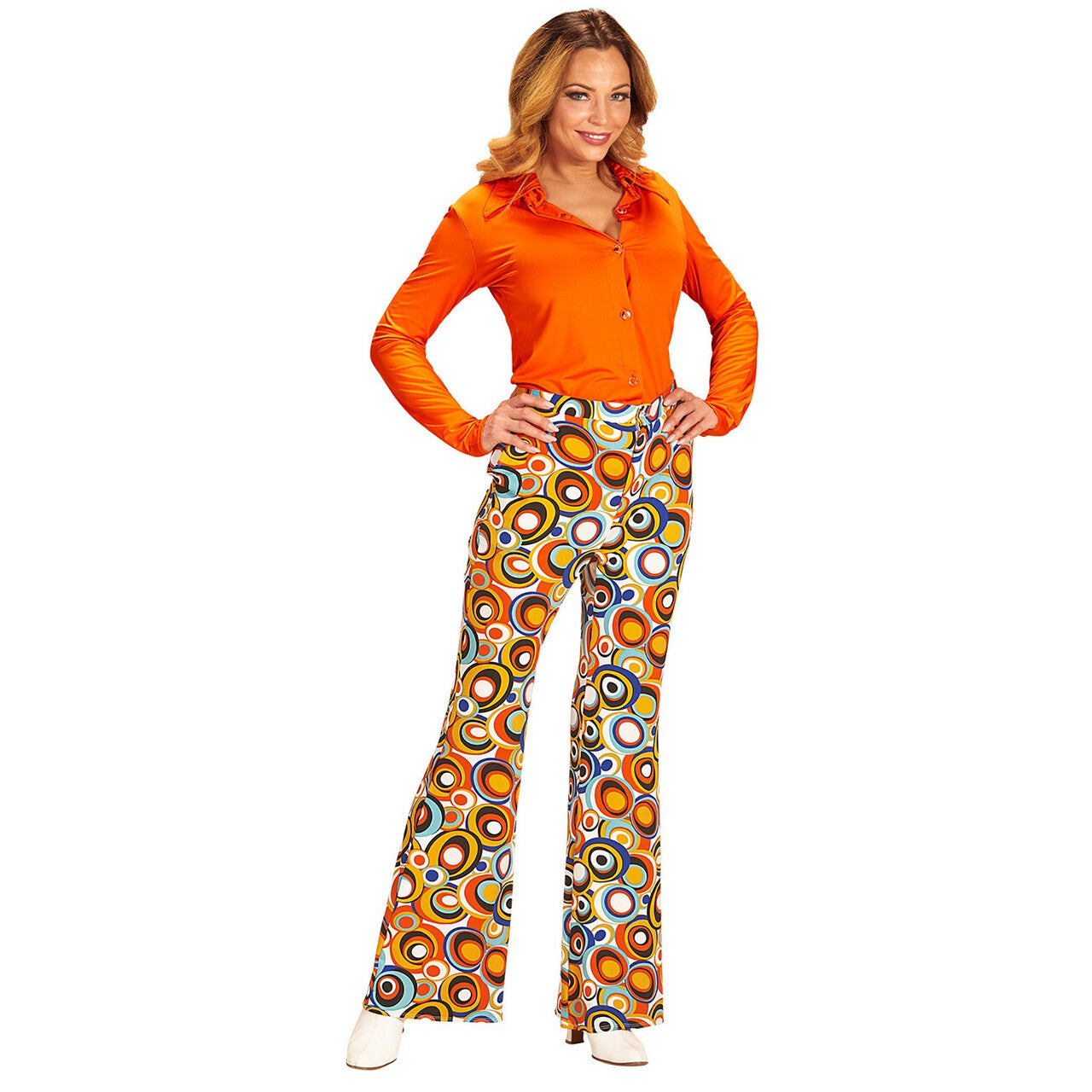 Op deze afbeelding zie je een Kostuums, van het merk Widmann. Groovy Gwendolyn 70s Dames Broek, Luchtbellen Vrouw