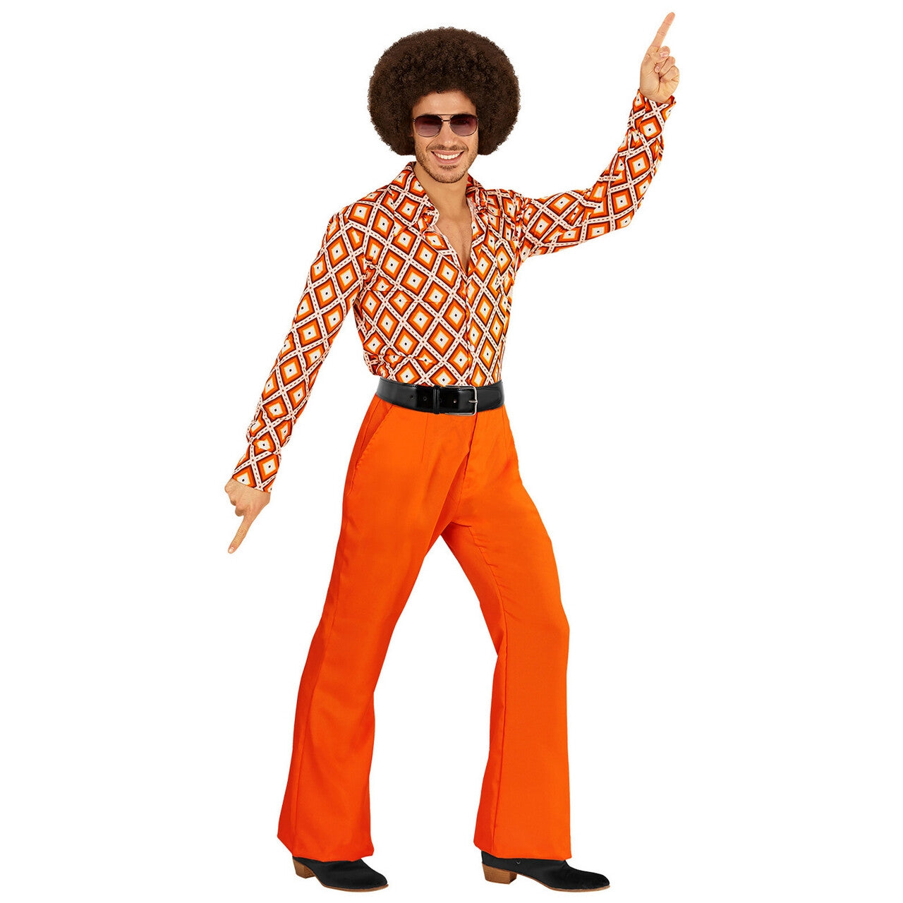 Op deze afbeelding zie je een Kostuums, van het merk Widmann. Groovy Gandalf 70s Heren Broek, Oranje Man