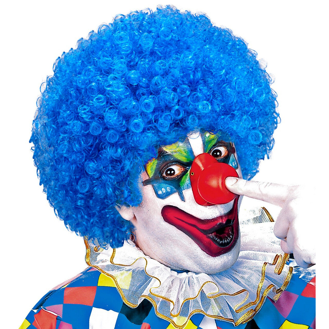 Op deze afbeelding zie je een Accessoires, van het merk Widmann. Afro Clownpruik Krullen, Licht Blauw