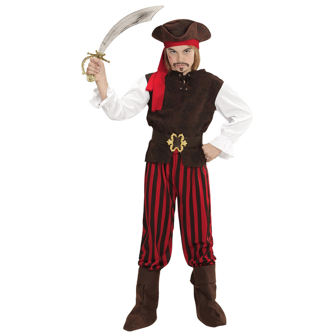 Op deze afbeelding zie je een Kostuums, van het merk Widmann. Caribische Piratenjongen Carlos Kostuum