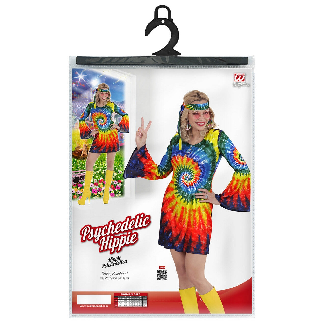 Op deze afbeelding zie je een Kostuums, van het merk Widmann. Psychedelische Tie Dye Hippie Vrouw Kostuum