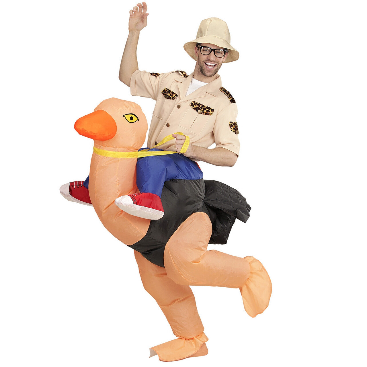 Op deze afbeelding zie je een Kostuums, van het merk Widmann. Geinige Ondekkingsreiziger Op Struisvogel, Opblaasbaar Kostuum