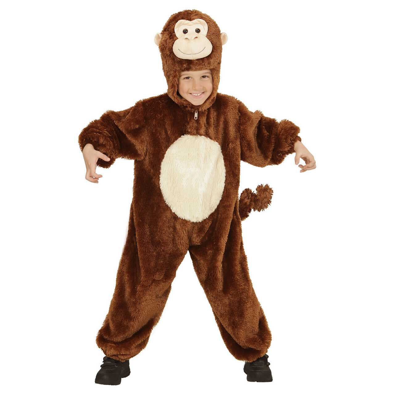 Op deze afbeelding zie je een Kostuums, van het merk Widmann. Jumpsuit Met Kap En Masker 98 Centimeter Brutale Aap Kind Kostuum