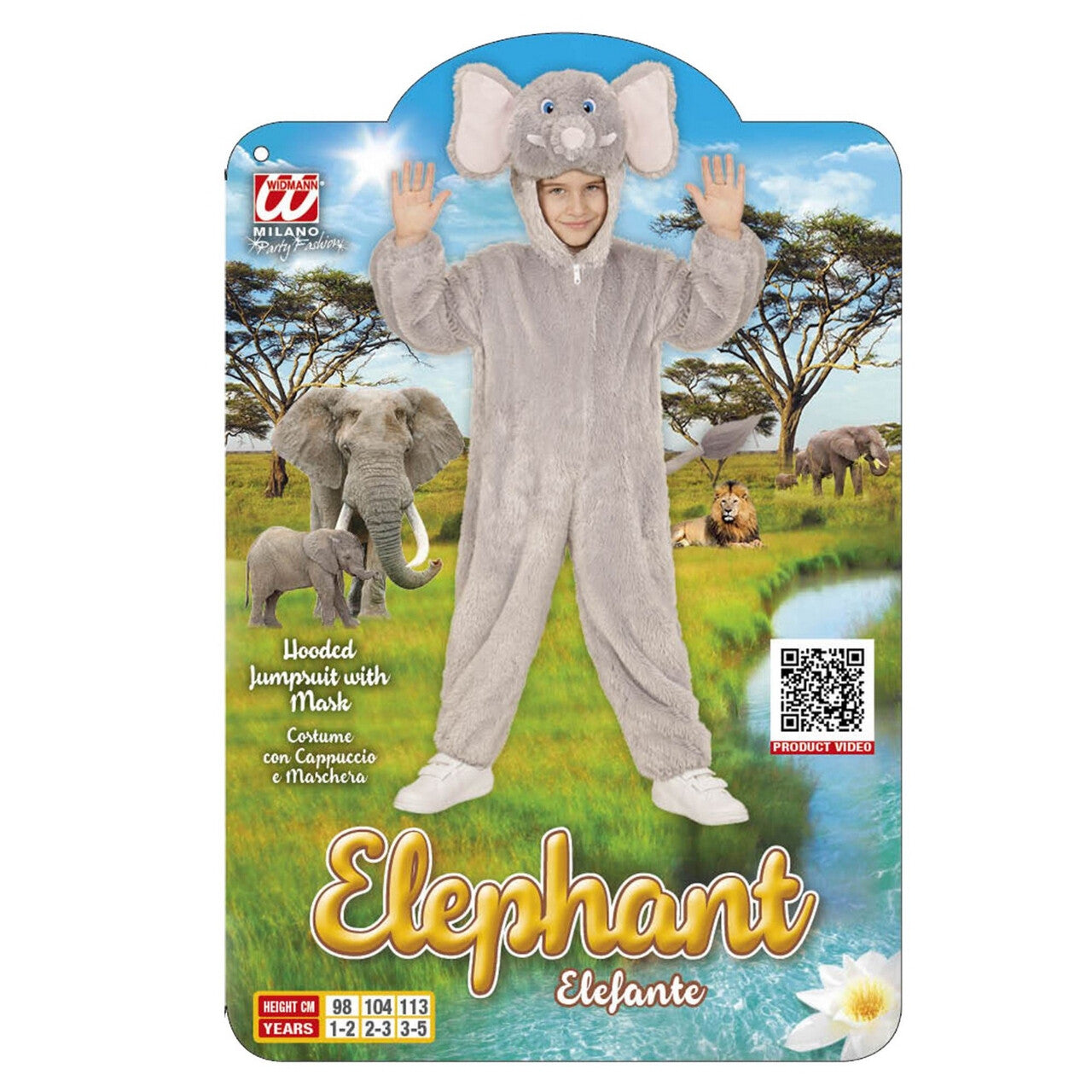 Op deze afbeelding zie je een Kostuums, van het merk Widmann. Jumpsuit Met Kap En Masker 98 Centimeter Afrikaanse Olifant Kind Kostuum