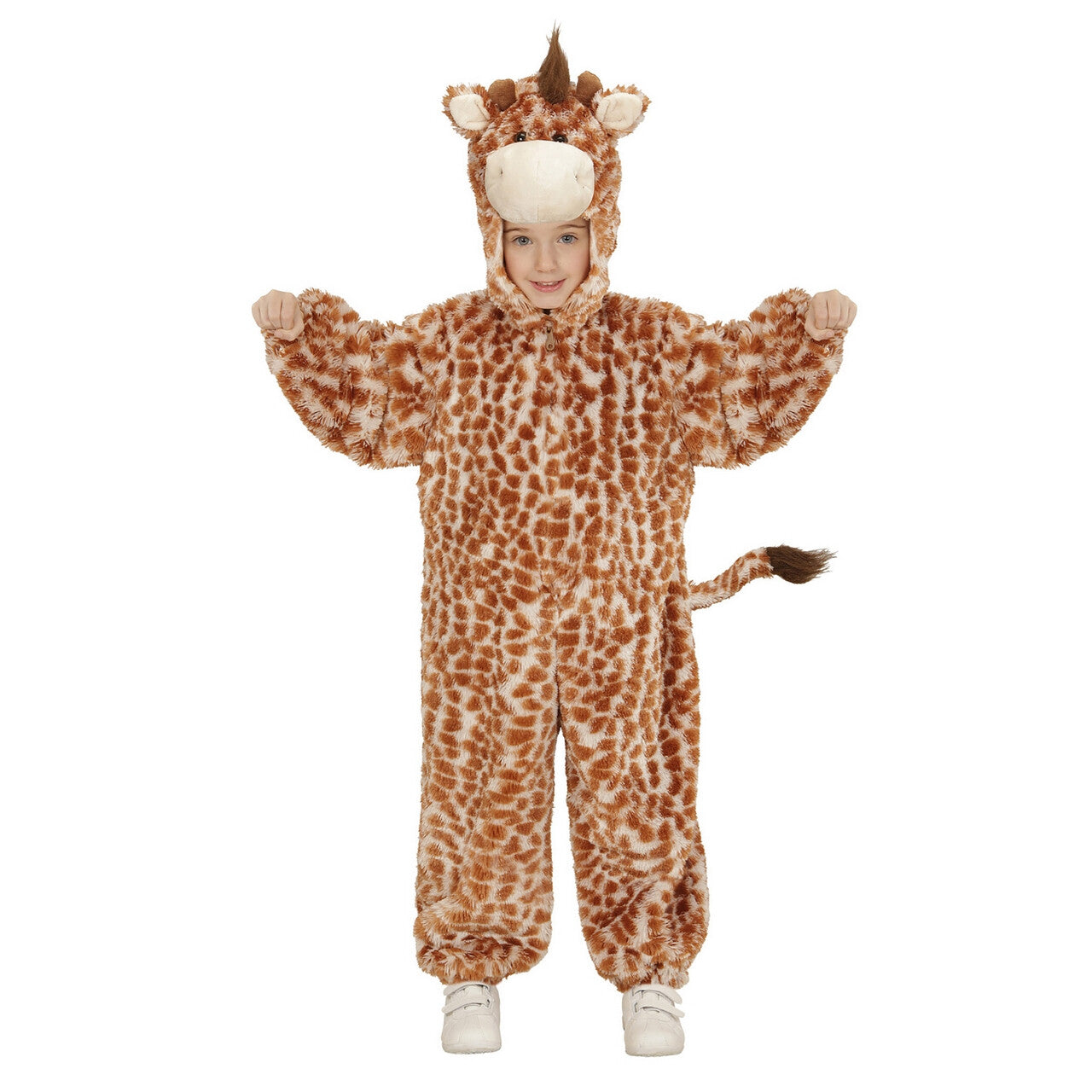 Op deze afbeelding zie je een Kostuums, van het merk Widmann. Jumpsuit Met Kap En Masker 98 Centimeter Eindeloos Lange Giraf Kind Kostuum